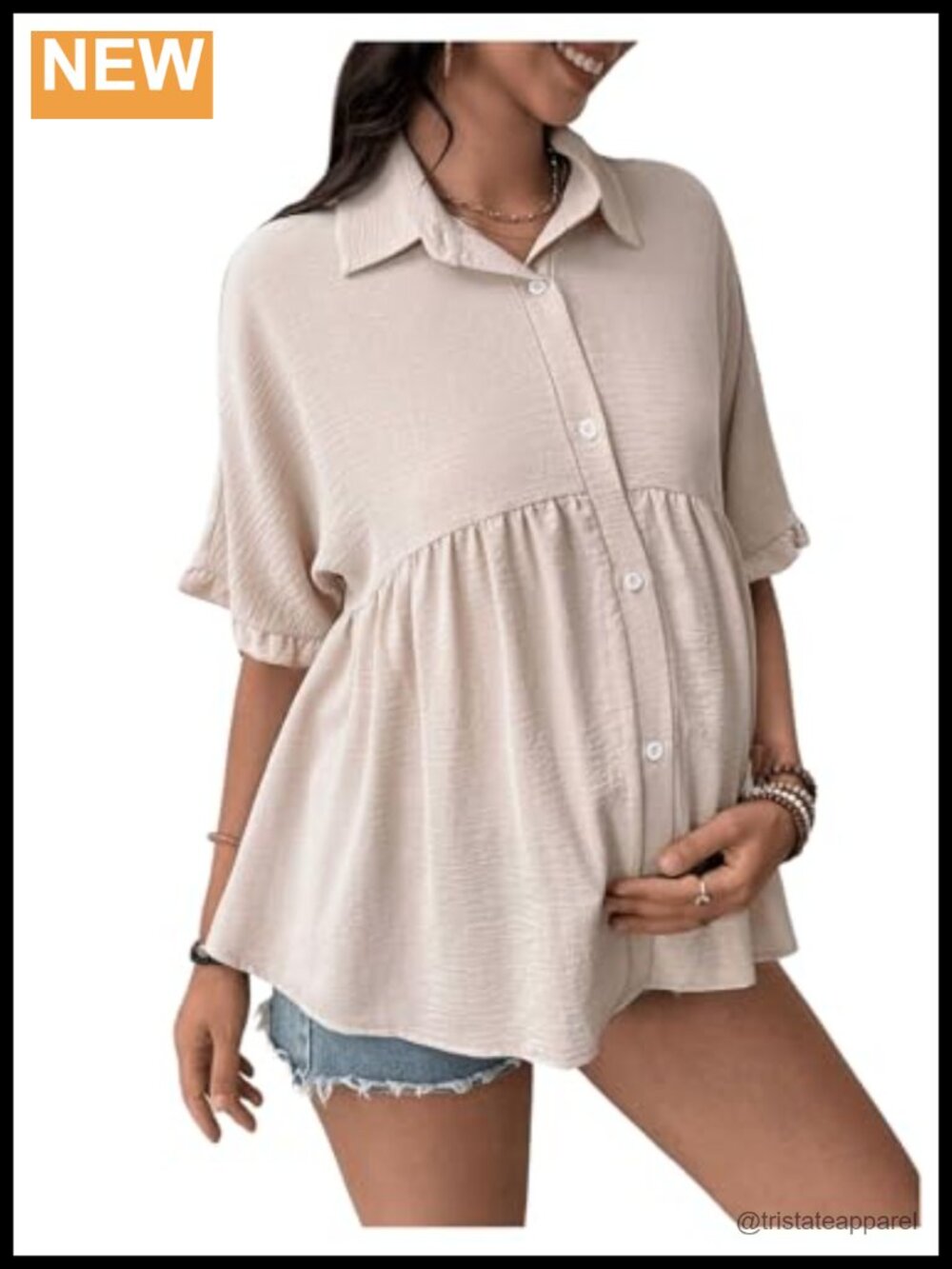 Women's Maternity Button Down Peplum Blouse, Half Sleeve, Flared Hem